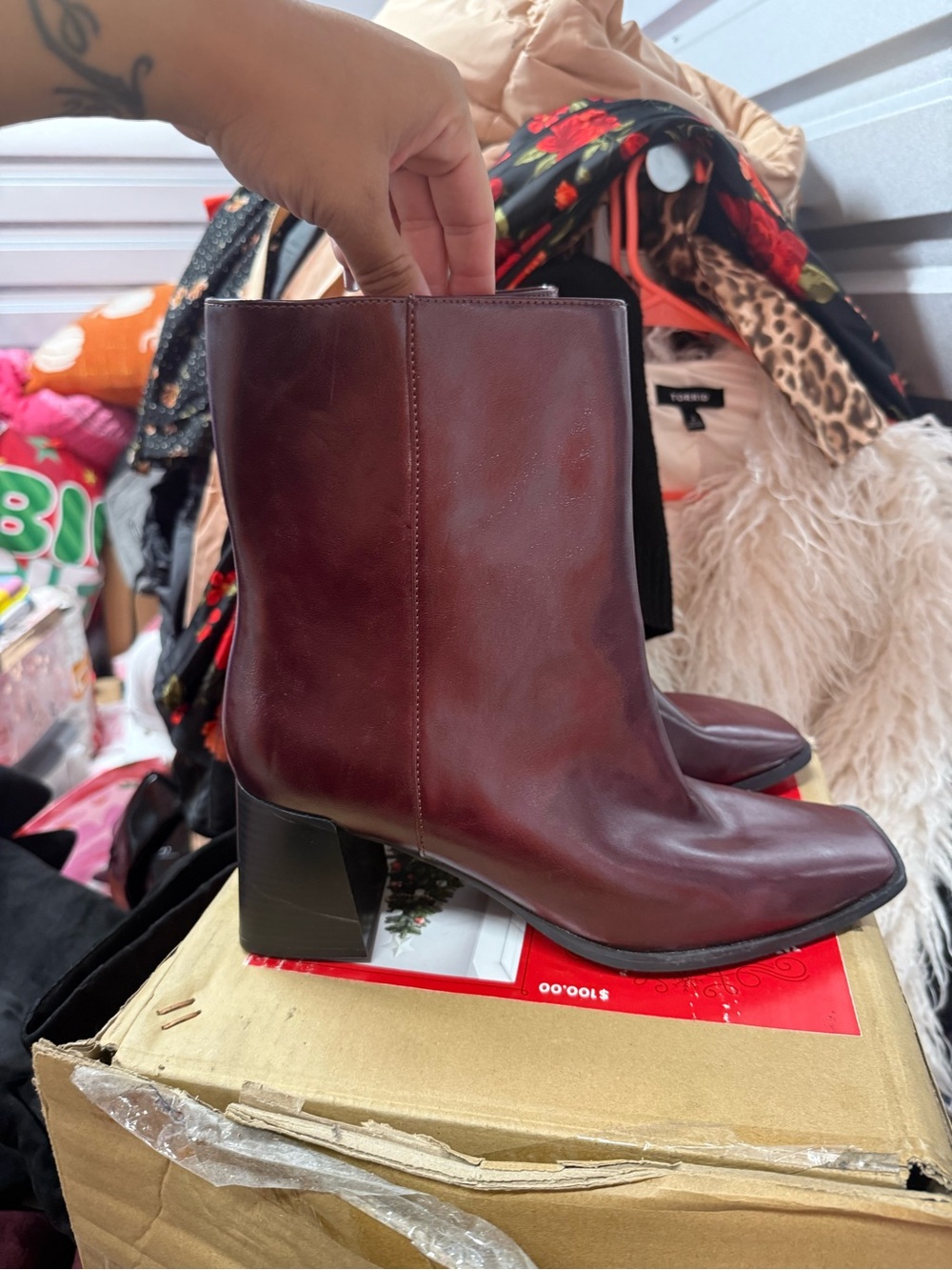 Old navy Women's square toe Burgundy Leather Block Heel Ankle Boots